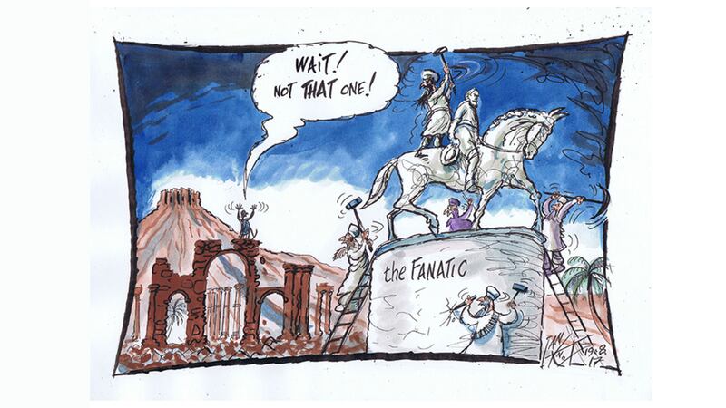 Ian Knox cartoon 19/8/17: Too late for Donald Trump to save Palmyra but not to build a gold plated museum for fascist statuary&nbsp;