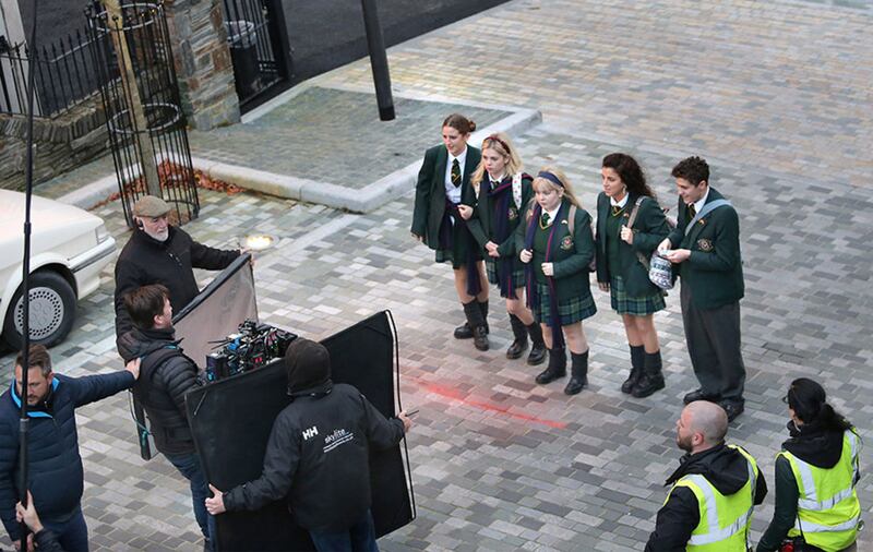The cast of Derry Girls filming in the Bogside yesterday. Picture by Margaret McLaughlin&nbsp;