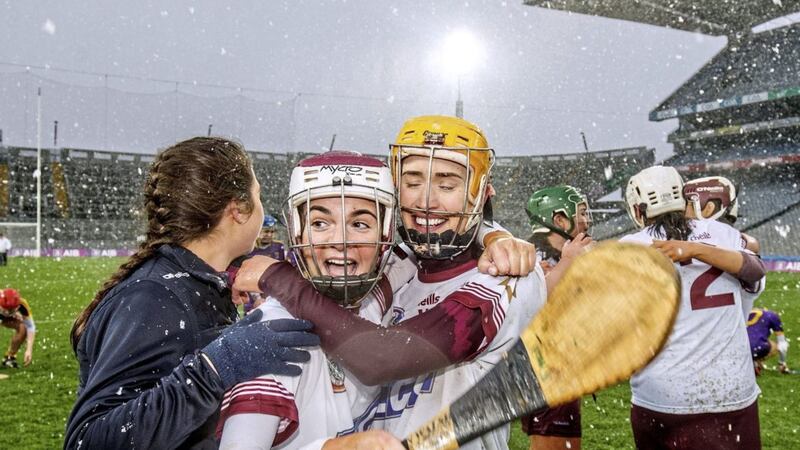 Slaughtneil&#39;s Ceat McEldowney and Tina Hannon celebrate after the AIB All-Ireland Senior Camogie Club Championship final against St. Martin&#39;s at Croke Park, Dublin on Sunday March 3 2019. Picture by &copy;INPHO/Oisin Keniry 