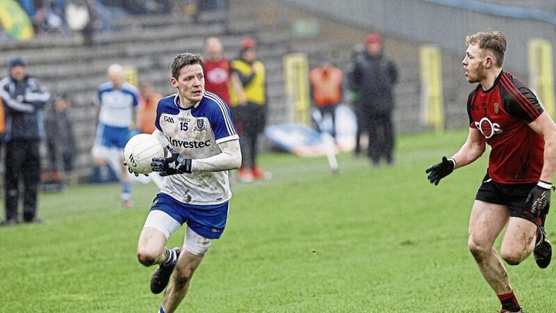 Gerard McGovern closes down Monaghan&#39;s Conor McManus at Clones .Picture Colm O&#39;Reilly 