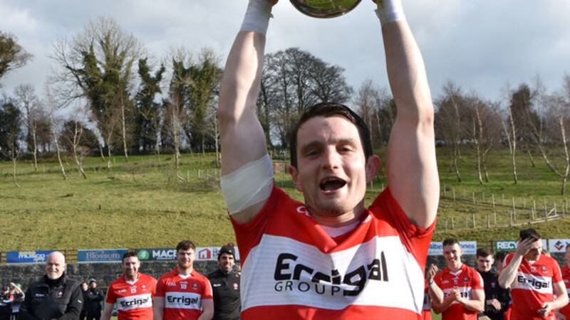 Derry captain Cormac O'Doherty lifts the Allianz Hurling League Division 2B trophy after his side's win over Sligo in the final in Ederney                                            Picture: Mary K Burke&nbsp;