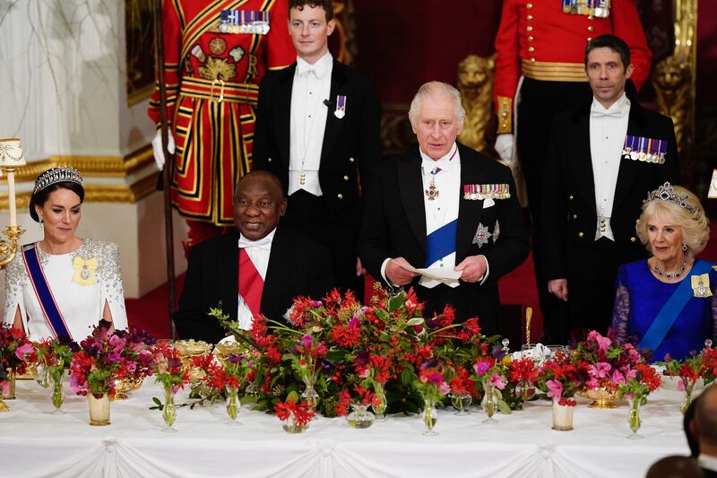 The Princess of Wales, President Cyril Ramaphosa of South Africa and the King and Queen during the state banquet held in honour of South Africa’s head of state