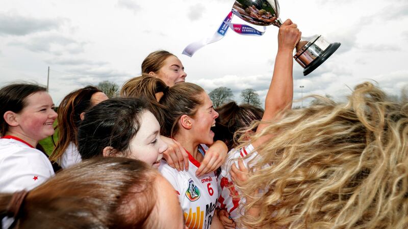 Tyrone players celebrate with the trophy following their win over Mayo in the Very National Camogie League Division Four final     Picture: John McVitty/Inpho