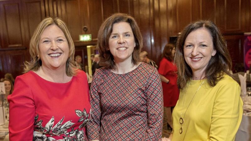 Women in Business chief executive Roseann Kelly (left) with past winners Sinead Dillon (Fujitsu) and Sharon Martin (Terex) 