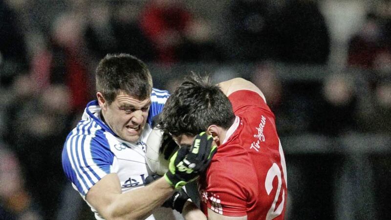 Drew Wylie gets to grips with Tyrone&#39;s Mattie Donnelly in this year&#39;s Ulster Championship quarter-final. Picture Philip Walsh. 