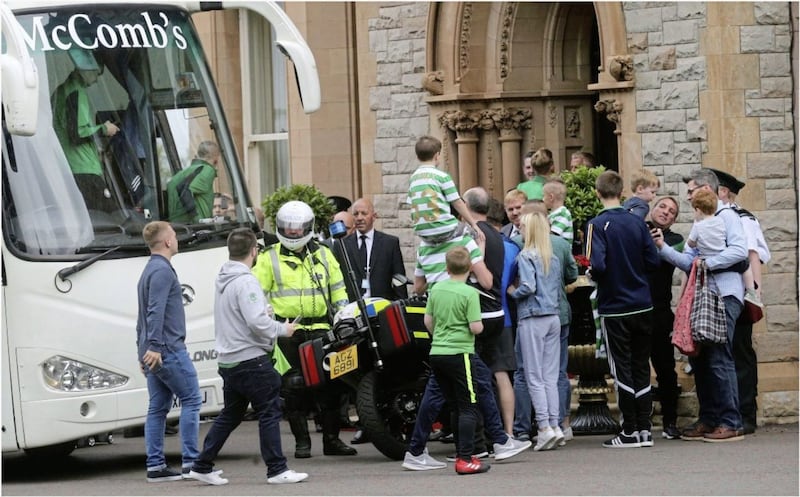 Celtic fans at the Culloden Hotel as the squad arrived ahead of their crunch Champions League game with Linfield. Picture by Hugh Russell 