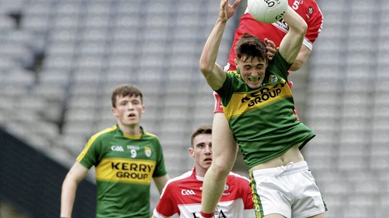 Kerry&#39;s Michael Foley is outjumped by Derry&#39;s Padraig McGrogan in the 2016 All-Ireland Minor Championship quarter final at Croke Park 