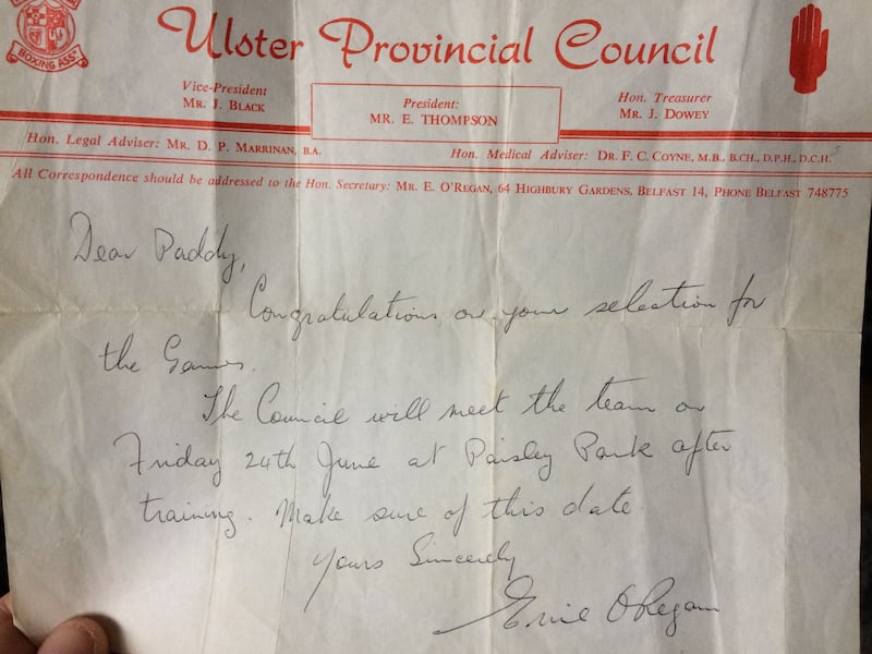 The letter Paddy Graham received from the Ulster Boxing Council congratulating him on winning a place on the Northern Ireland team bound for the Empire Games. The day before he had learnt he wasn't to be part of the team at all