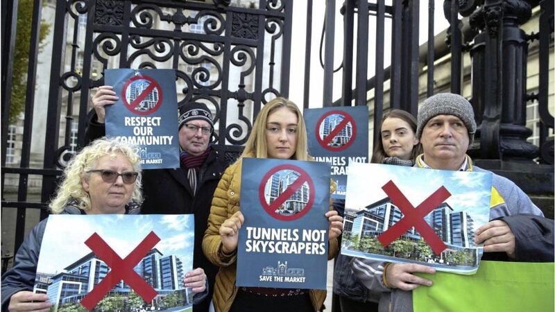 Residents from the Market&#39;s in Belfast protest outside the High Court Picture by Hugh Russell. 