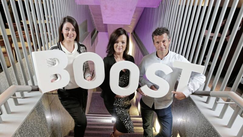 Ulster Bank&rsquo;s Lisa McCaul, centre, launches the boost initiative with entrepreneurs Emma Gribben and Tom Griffiths, at The Mac Belfast 