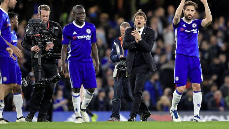Chelsea manager Antonio Conte and players celebrate at ful-time after the Emirates FA Cup, quarter-final win over Man United&nbsp; at Stamford Bridge on Monday night<br />Picture by PA<br />&nbsp;
