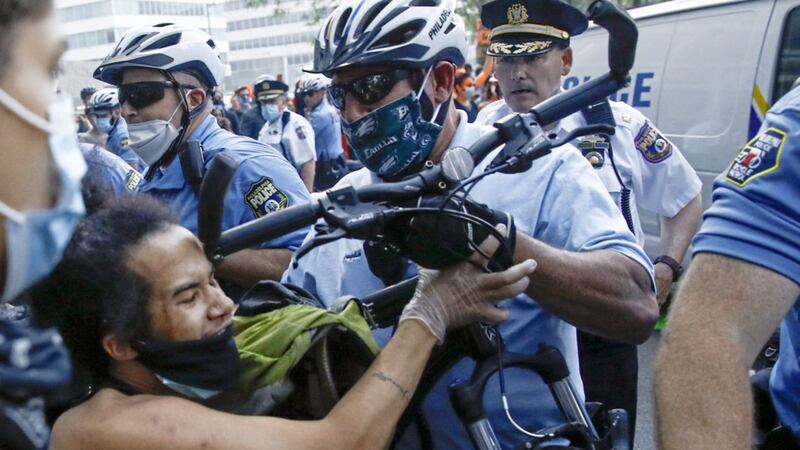 Philadelphia police confront protesters during a Justice for George Floyd Protest. AP Photo/Matt Rourke 