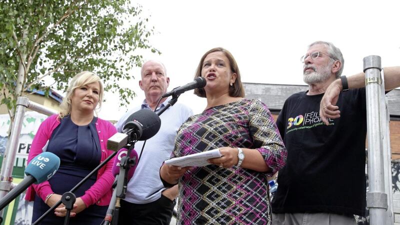 Sinn F&eacute;in president Mary Lou McDonald addresses supporters at a rally in west Belfast after attacks on the homes of Gerry Adams and Bobby Storey. Picture by Cliff Donaldson