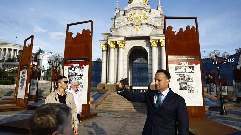 Taoiseach Leo Varadkar visits the memorial to the Heavenly Hundred at Maidan Square, following a meeting with Ukraine’s President Volodymyr Zelensky, in Kyiv, Ukraine (PA)