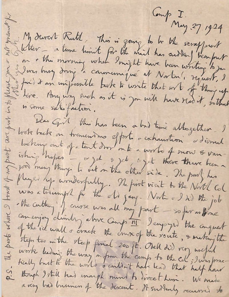 The final letter written by mountaineer George Mallory to his wife Ruth shortly before his fateful final summit attempt of Mount Everest