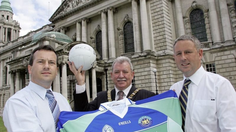 Pearse McCormick (right) with then Belfast mayor Pat MCarthy and colleague Brendan Toland outside City Hall launching the new Belfast Gaels football team and their shirt 