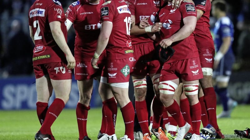 Scarlets&#39; players celebrate their stunning PRO12 win over Leinster 