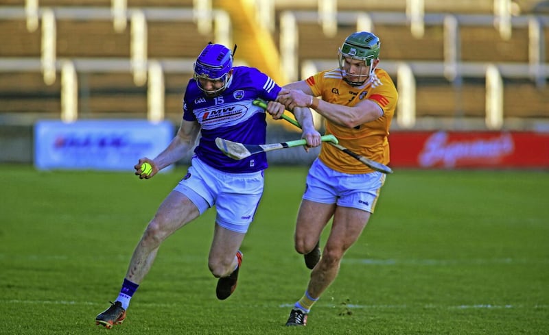 Laois Stephen Maher and Antrim&#39;s Stephen Rooney during last season&#39;s League encounter in O&#39;Moore Park which the home side won by a point Picture Seamus Loughran 