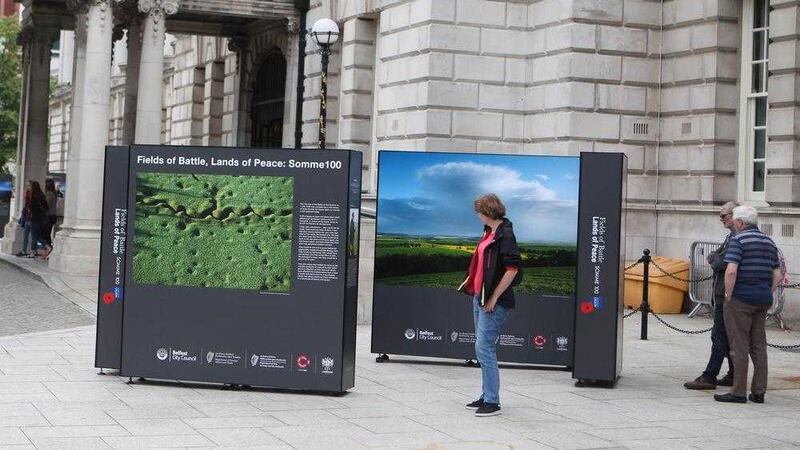 The Fields of Battle, Lands of Peace exhibition is on display in the grounds of Belfast City Hall&nbsp;
