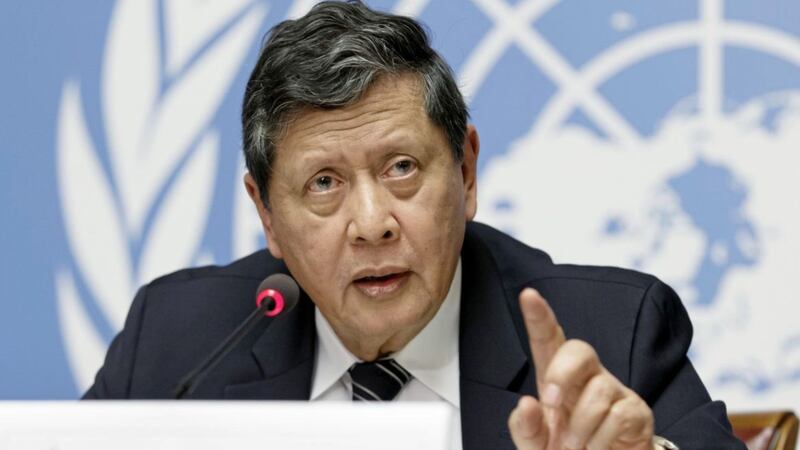 Marzuki Darusman, chairperson of the independent international fact-finding mission, speaks to the media at the European headquarters of the UN in Geneva, Switzerland. Picture: Salvatore Di Nolfi/Keystone/AP 