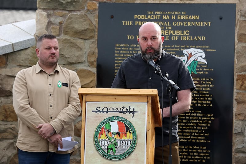 Dee Fennell speaks at the Saoradh easter rally in Milltown Cemetery Belfast. Picture Mal McCann