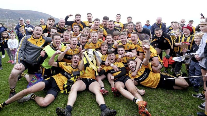St Enda&#39;s Glengormley footballers celebrate their county championship victory late last year. They will compete in their first-ever All-Ireland Intermediate final at Croke Park on February 9 Picture: Seamus Loughran. 