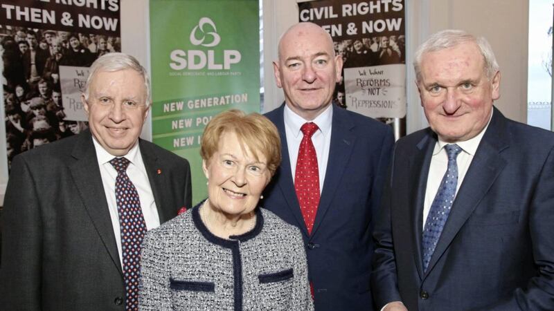 Pat Hume is pictured at an SDLP Good Friday Agreement anniversary dinner with former Secretary of State Lord Paul Murphy, former SDLP leader Mark Durkan and former Taoiseach Bertie Ahern, recipients of the John Hume Medal in recognition of their contribution to the search for peace. Picture by Press Eye/Darren Kidd 
