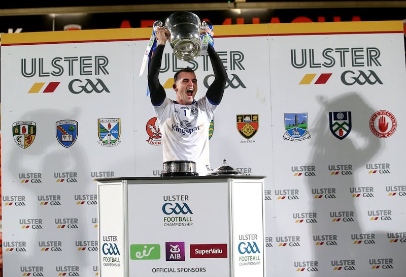 Cavan captain    Raymond   Galligan lifts the Anglo Celt trophy after his side defeated Donegal in the 2020 Ulster SFC final at the Athletic Grounds in Armagh on Sunday November 22 2020. Picture&nbsp;by Seamus Loughran.&nbsp;