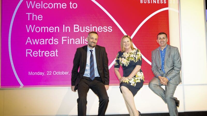 Women in Business chief executive Roseann Kelly at the Dublin retreat, pictured alongside Seamus McCorry (left), head of sales &amp; pre sales Northern Ireland for Virgin Media Business, and Paul Farrell, vice-president commercial, Virgin Media Ireland 