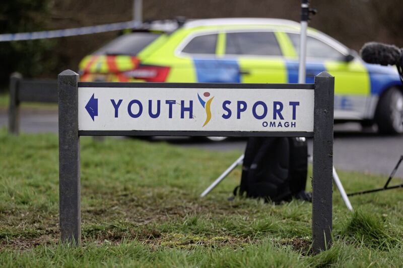 A sign for the Youth Sport Omagh sports complex in the Killyclogher Road area of Omagh, Co Tyrone, where off-duty PSNI Detective Chief Inspector John Caldwell was shot a number of times by masked men in front of young people he had been coaching. Picture by Liam McBurney/PA Wire 