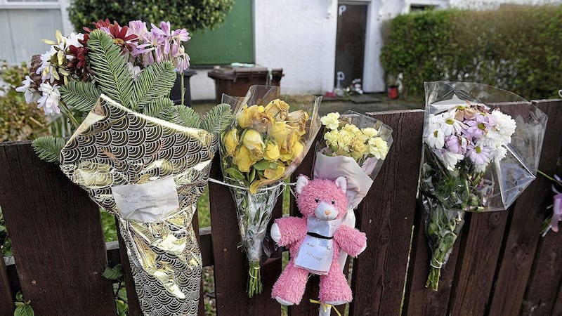 Flowers left at the scene in Fernagh Drive, Newtownabbey in December 2019 following the death of five year-old Nadia Zofia Kalinowska.Picture by Justin Kernoghan 