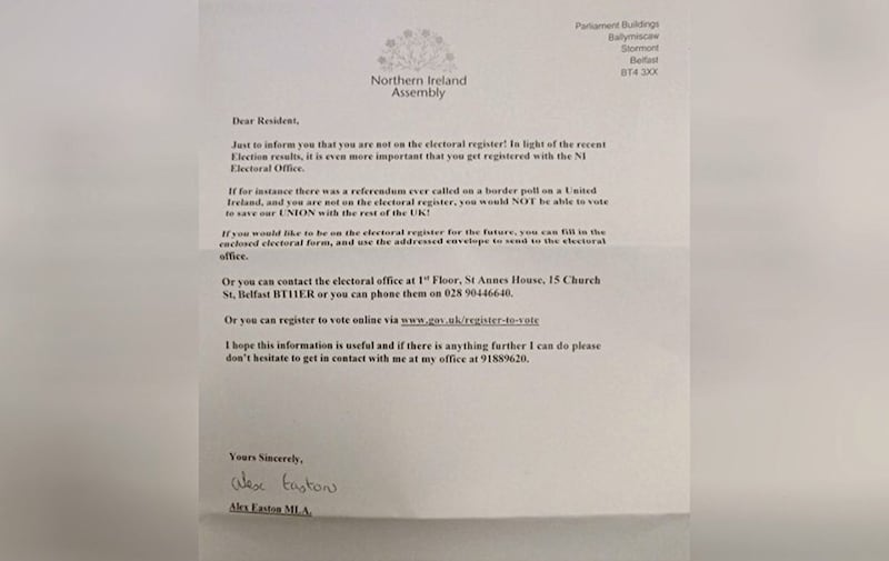 DUP MLA Alex Easton&#39;s letter to constituents not on the electoral register  