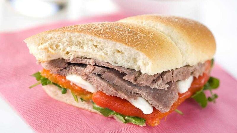 Delicious lunch - roast beef, red pepper and mozzarella sub 