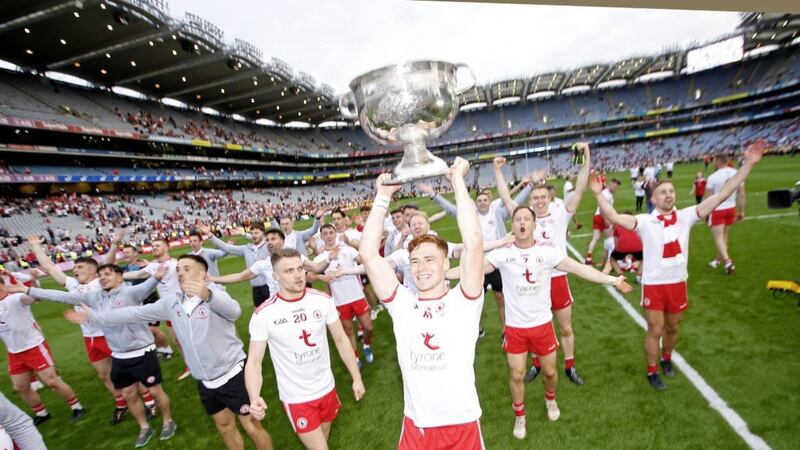 Tyrone's Conor Meyler lifts the Sam Maguire at the end of the GAA&nbsp; All-Ireland Senior Football Championship between Tyrone and Mayo at Croke Park Picture: Philip Walsh.