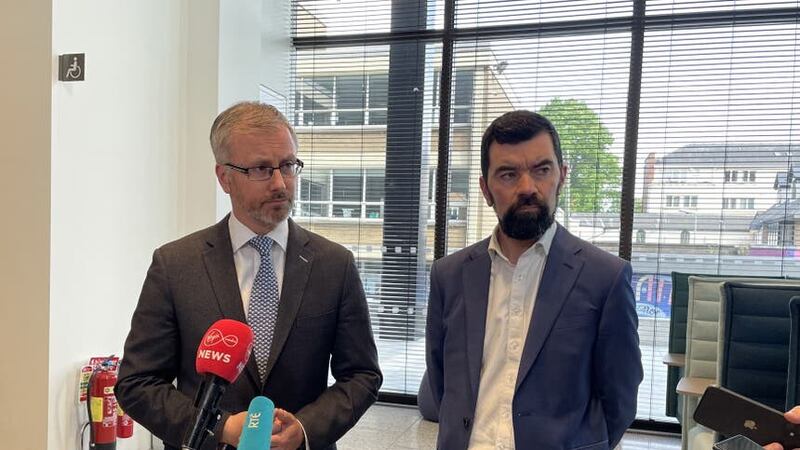 Minister for Equality and Integration Roderic O’Gorman (left) and Minister of State Joe O’Brien speak to the media about the State’s response to house asylum seekers (Gráinne Ní Aodha/PA)