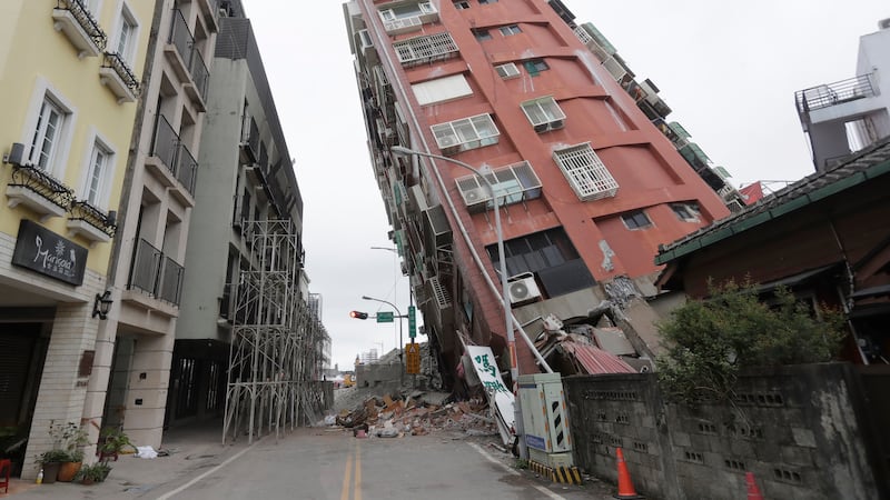 A partially collapsed, building, two days after a powerful earthquake struck Hualien, eastern Taiwan (Chiang Ying-ying/AP)