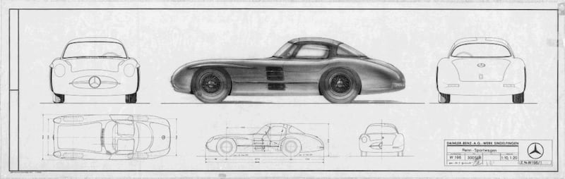 A technical drawing of the Mercedes-Benz 300 SLR Uhlenhaut Coupe. 