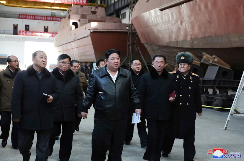 North Korean leader Kim Jong Un at a shipyard in Nampho, North Korea (Korean Central News Agency/Korea News Service/AP)
