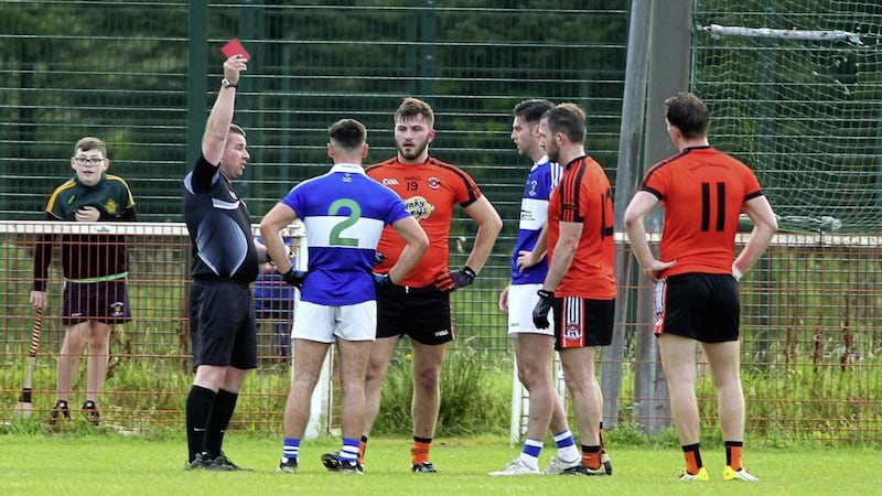 Ciaran Garland of St John&#39;s and Glenavy&#39;s James Gallagher are red-carded during Saturday&#39;s Antrim SFC quarter-final Picture by Seamus Loughran 