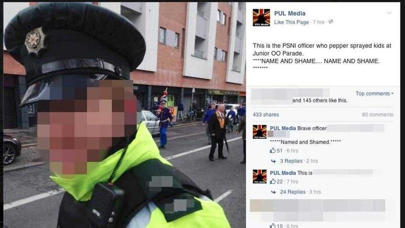The page on Facebook carried personal details about an officer it claimed was on duty during a junior Orange Order parade which sparked minor disturbances on Belfast's Ormeau Road earlier this week &nbsp;