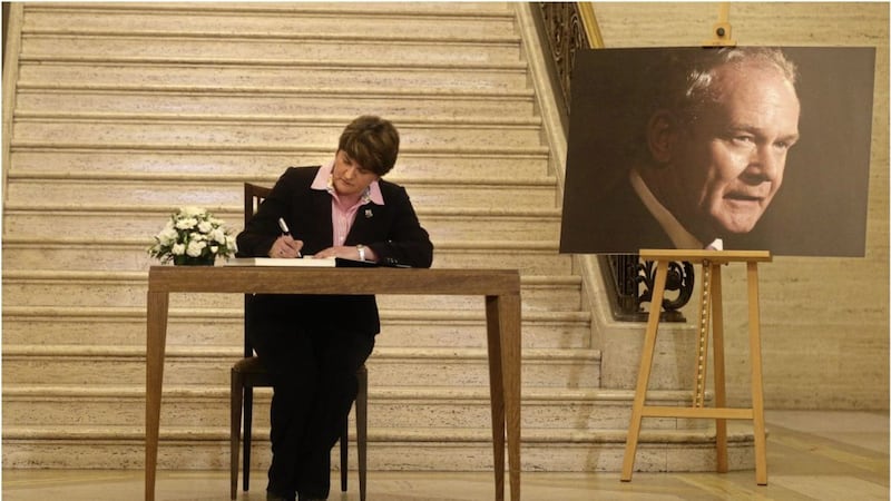 Arlene Foster signed a book of condolence and issued a graceful written tribute to Martin McGuinness. Picture by Hugh Russell. 
