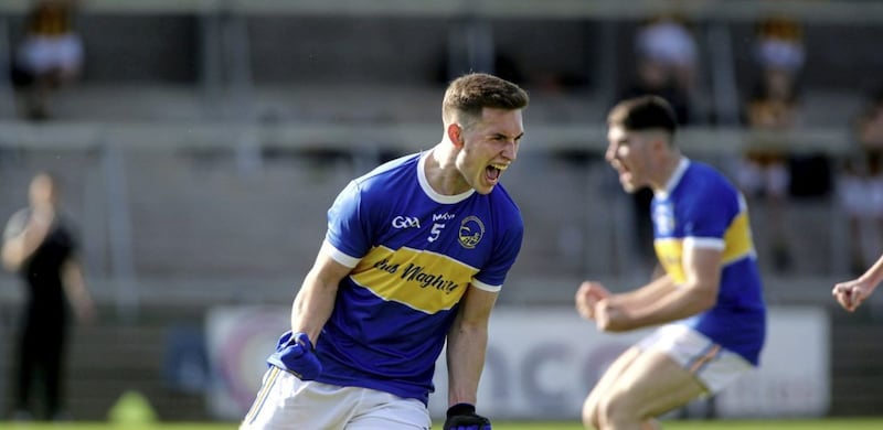 Maghery&#39;s Brendan Haveron celebrates scoring a goal in yesterday&#39;s Armagh Senior Football Final against Crossmaglen at the Athletic Grounds in Armagh. Picture by Seamus Loughran 
