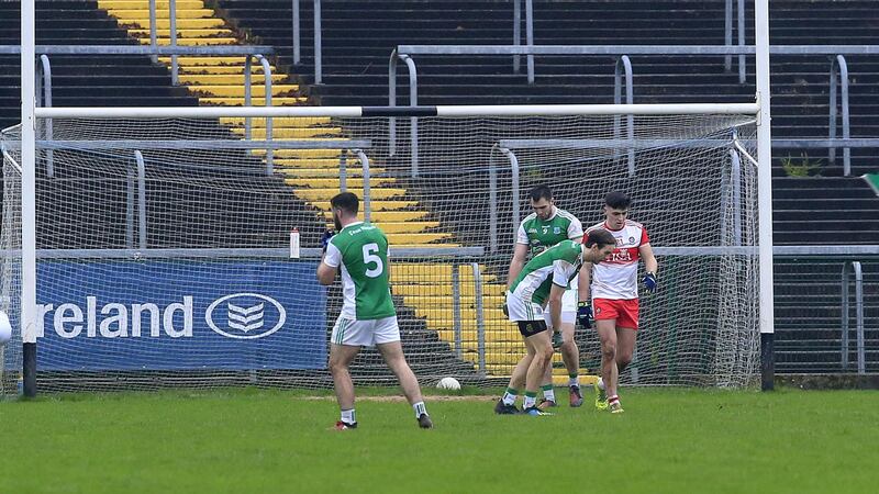 Derry hat-trick hero Ben McCarron coolly walks away after scoring one of his three goals in the win over Fermanagh Picture by Philip Walsh