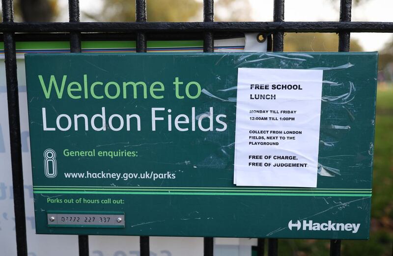 A free lunches sign outside London Fields Primary School in London