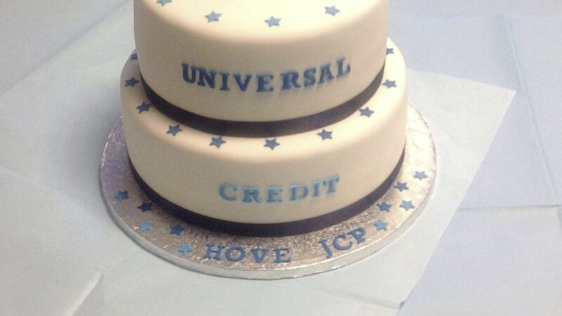 A Universal Credit cake for Hove in south east England. Cakes were bought for staff at benefits centres across the north and Britain to celebrate the roll-out of the controversial new system 