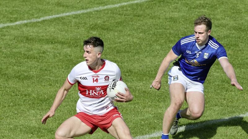 Cavan full back Padraig Faulkner (right) shadows Derry's Shane McGuigan during the National Football League Division Three North match.<br /> Picture Margaret McLaughlin