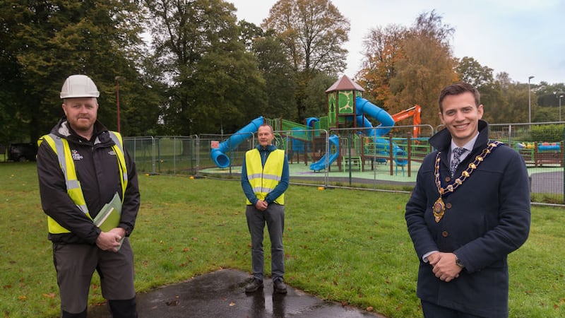 Mid and East Antrim Mayor Cllr Peter Johnston welcomes phase two of the refurbishment of the playground at People\'s Park, Ballymena.