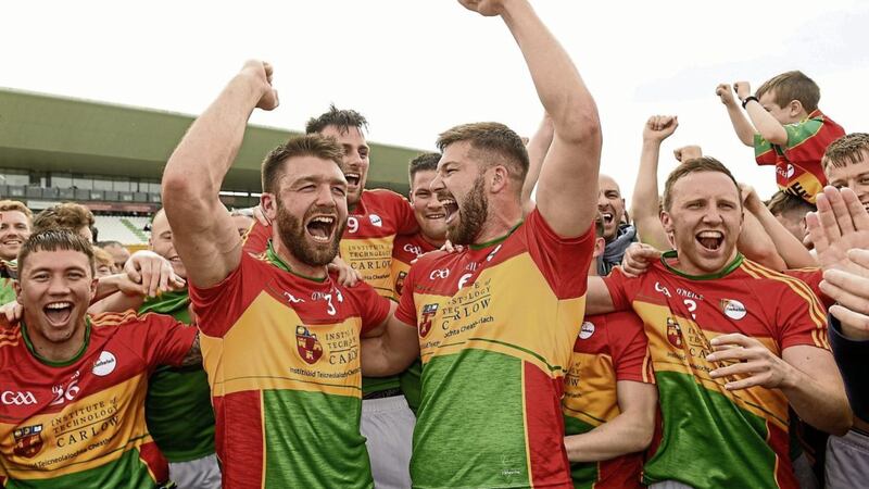 Carlow players celebrate their Leinster SFC quarter-final win over Kildare, but in all likelihood the Lilywhites will remain in the Championship longer than the Barrowsiders Picture by Sportsfile 