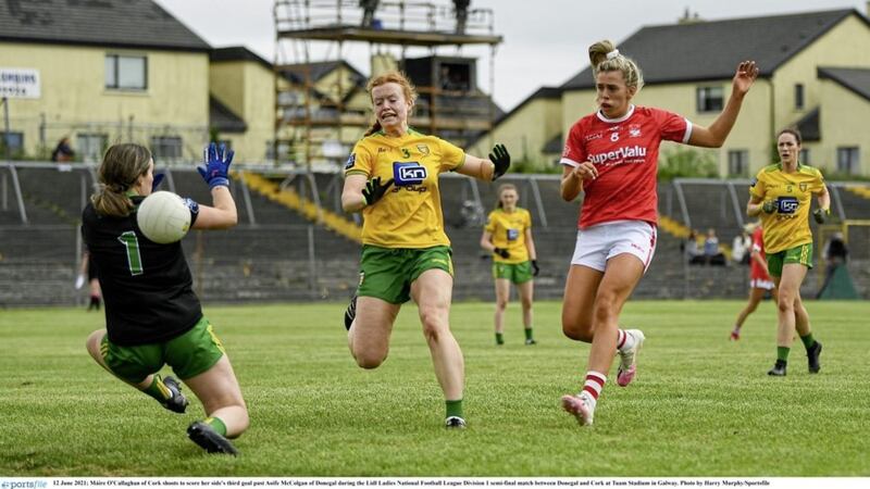 M&aacute;ire O&#39;Callaghan of Cork shoots to score her side&#39;s third goal past Aoife McColgan of Donegal during the Lidl Ladies National Football League Division One semi-final match between Donegal and Cork at Tuam Stadium in Galway. Photo: Harry Murphy/Sportsfile. 