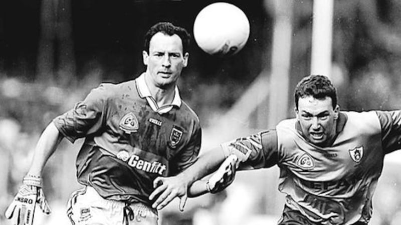 EYES ON THE BALL.....Meath&rsquo;s Barry Callaghan and Mayo&rsquo;s Dermot Flannigan race for possession&nbsp;in the 1996 All-Ireland SFC final